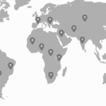 Stylized grayscale world map with location pins representing live street performances worldwide