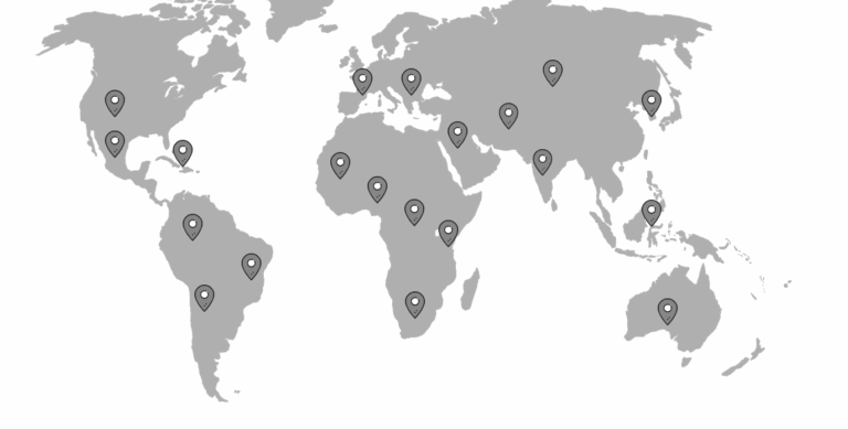 Stylized grayscale world map with location pins representing live street performances worldwide